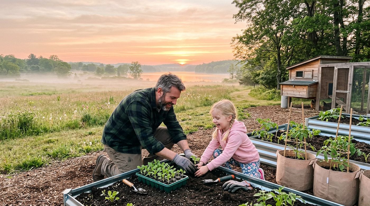 A father and daughter planting seedlings by a misty lake