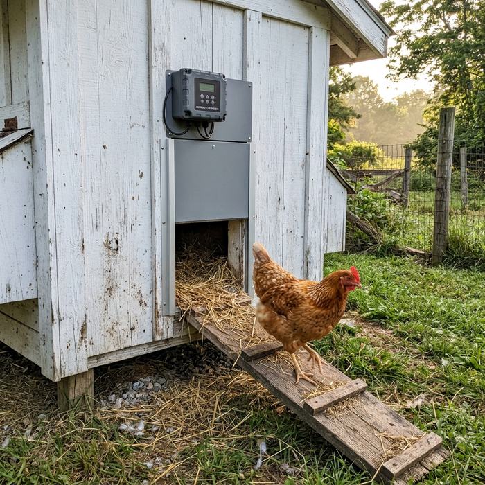 Automatic Coop Door in a farmhouse setting