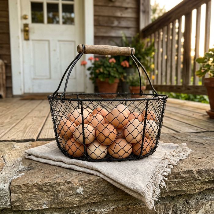 Wire Egg Basket in a farmhouse setting