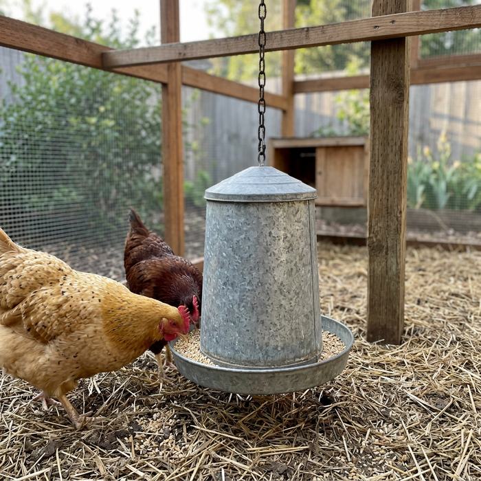 No-Mess Hanging Feeder in a farmhouse setting