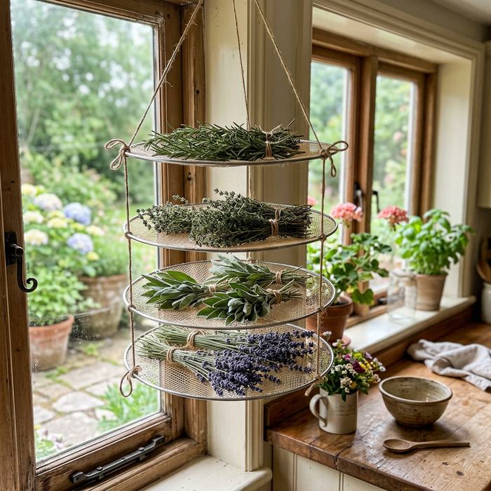 Hanging Herb Drying Rack in a farmhouse setting